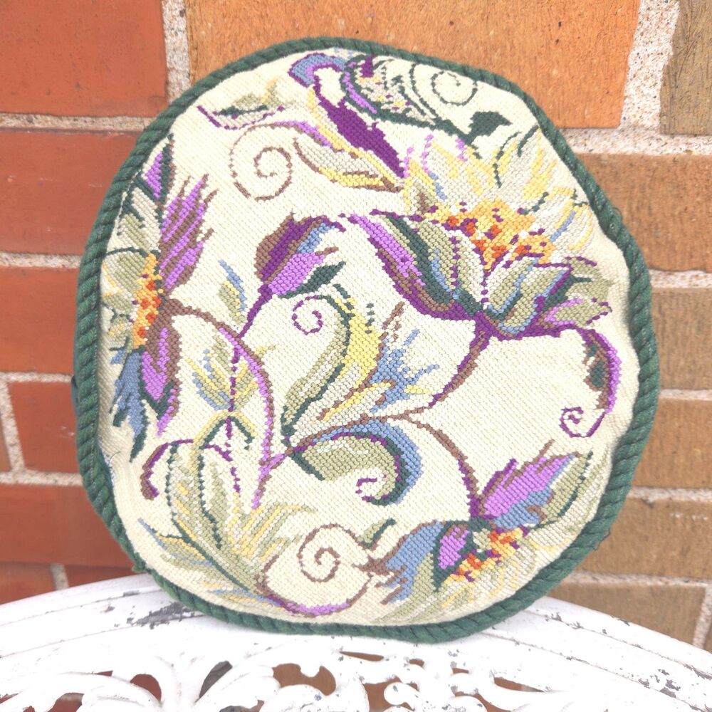 Vintage Handmade Needlepoint Floral Pillow 10" Round Cottage Grandmillennial